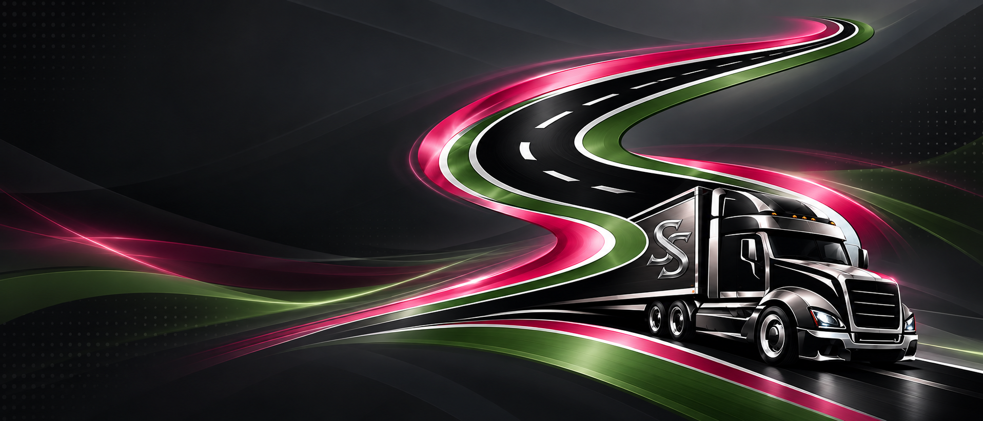 Springer-Sweed Transport — semi-truck on winding highway with pink and green accents